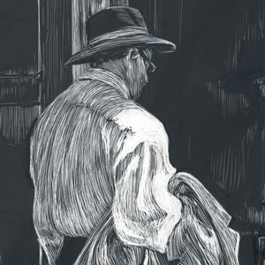 man in hat holding coat looking at now hiring sign in store window scratchboard drawing named "Ray of Hope"