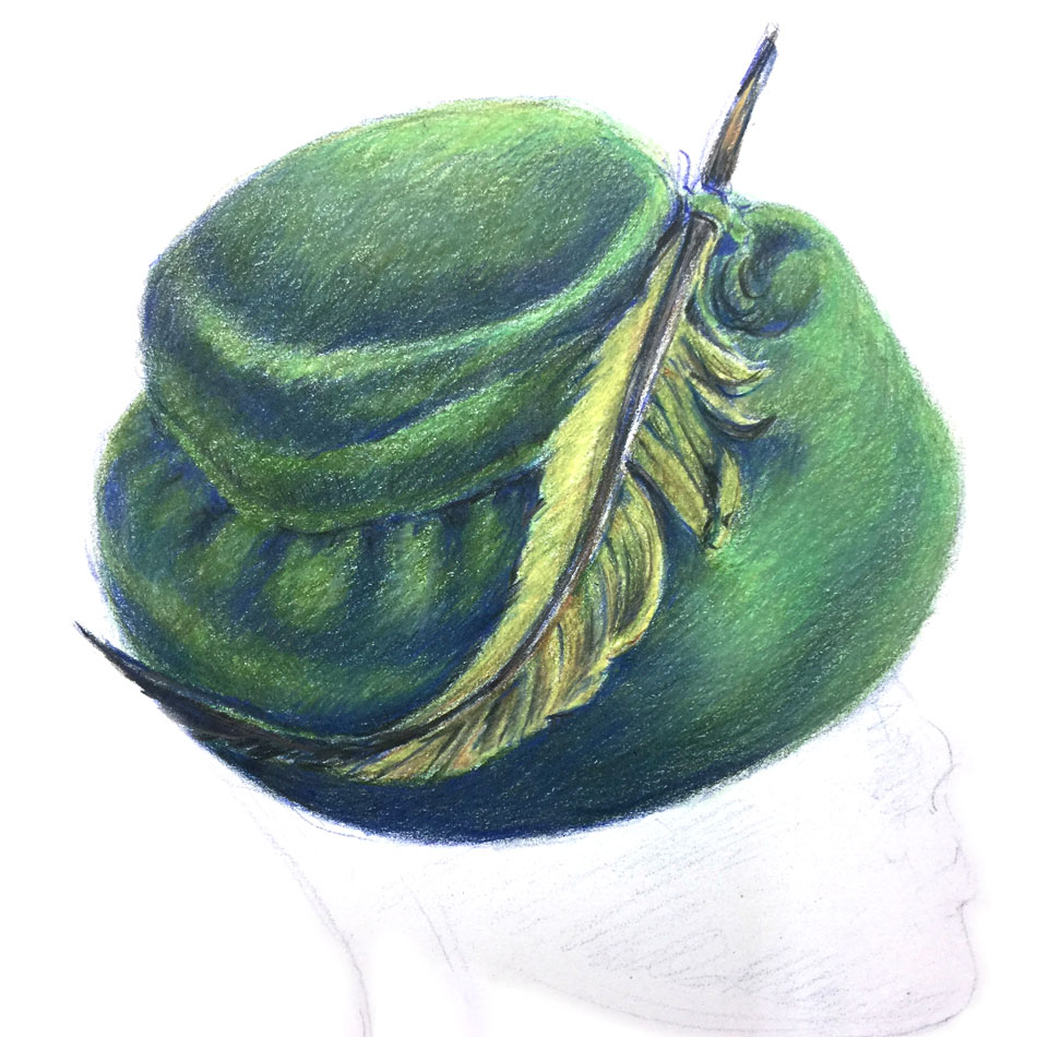 green felt hat rendered in colored pencil
