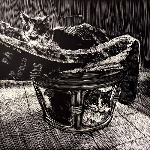 black and white line drawing of a cat nestled between a man's feet on a stool with another cat peering from beneath the footrest.