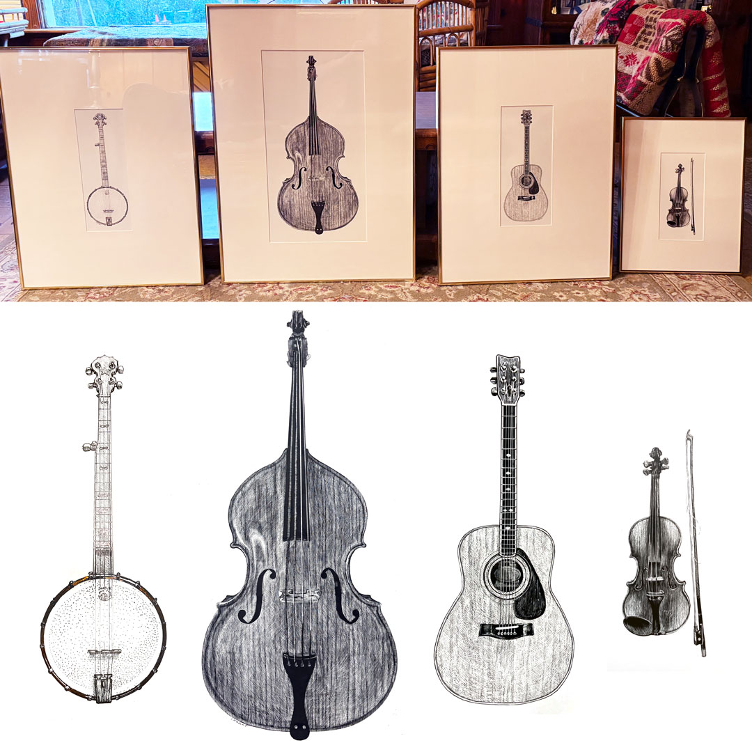 four framed musical instruments: banjo, bass violin, guitar and violin with unframed instruments shown below.