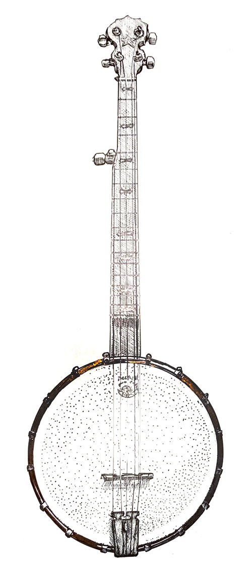 Black and white line drawing of a banjo.