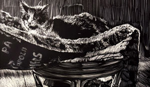 black and white line drawing of a cat nestled between a man's feet on a stool with another cat peering from beneath the footrest.