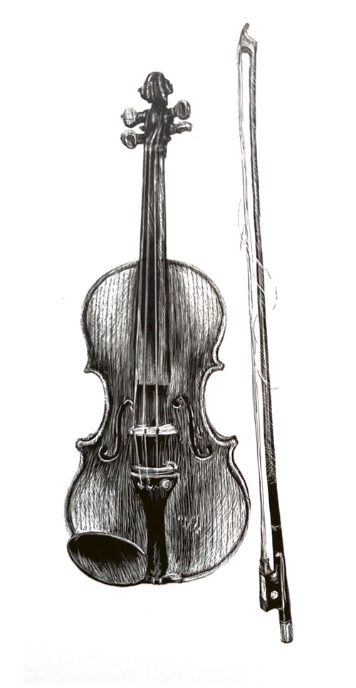 Black and white line drawing of a violin and bow.