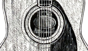 Black and white line drawing of a Yamaha brand guitar.