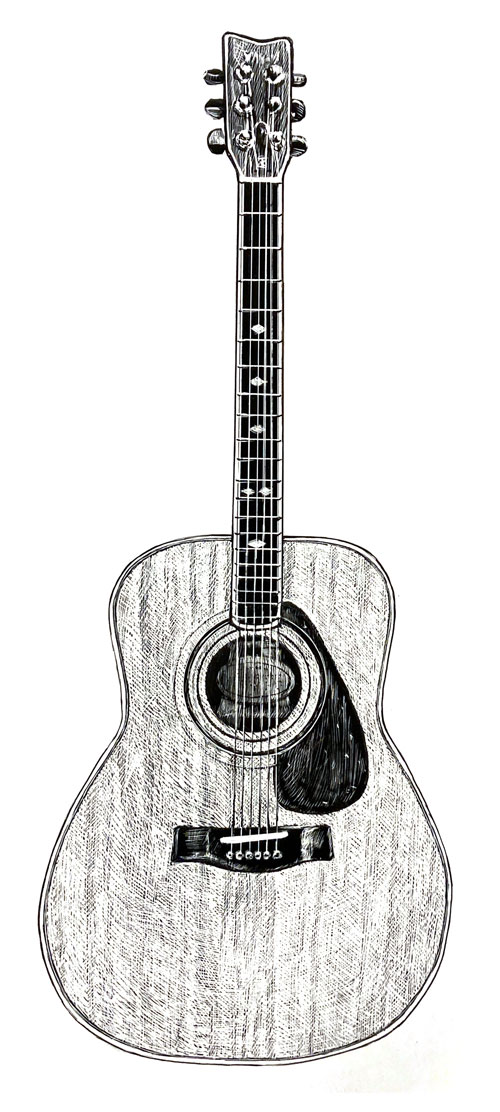 Black and white line drawing of a Yamaha brand guitar.